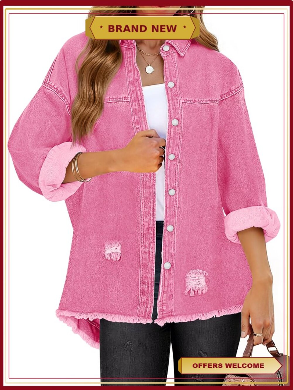 Frayed Hem Denim Jacket Button Up Shacket Casual Fringe Jean Coat